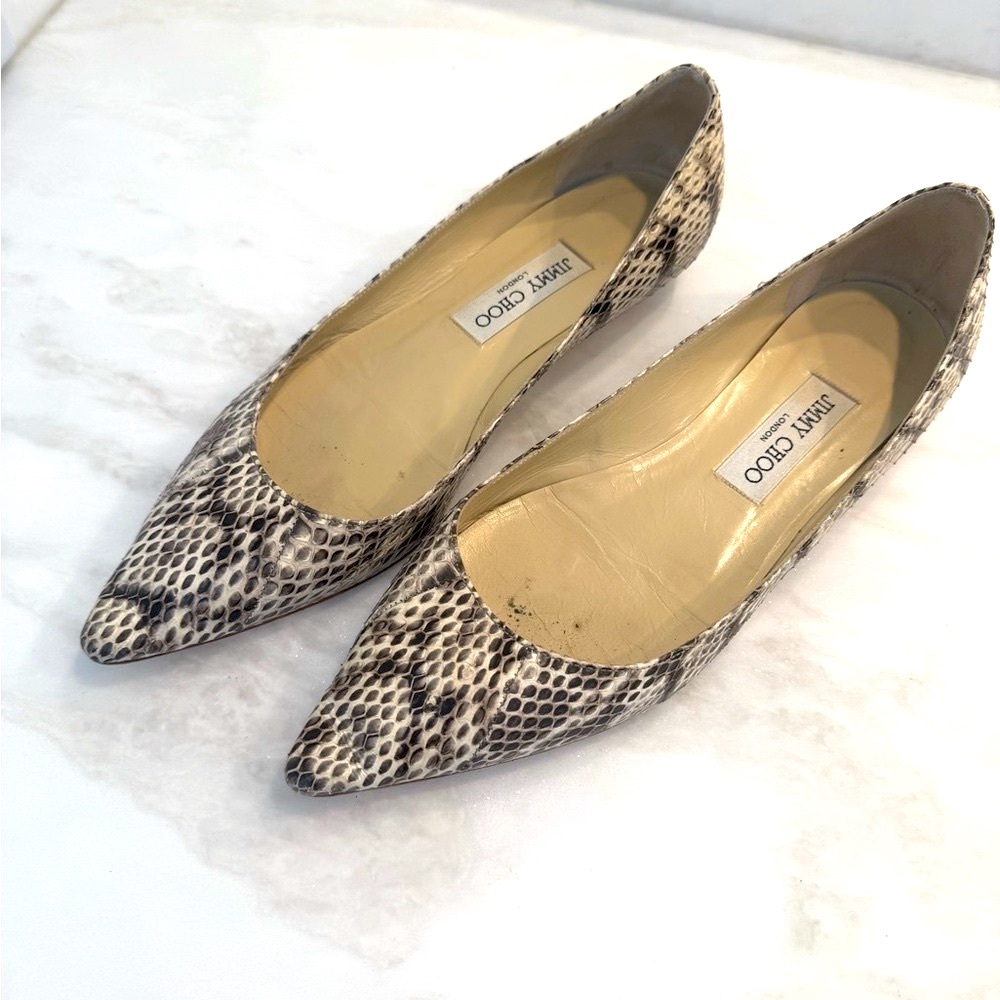 Jimmy Choo Beige and Black Snakeskin Flats